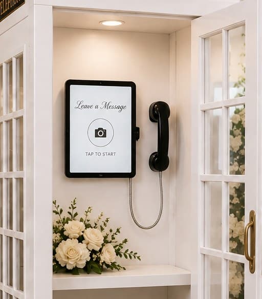 Inside the booth — iPad recording screen and vintage handset ready for a guest message