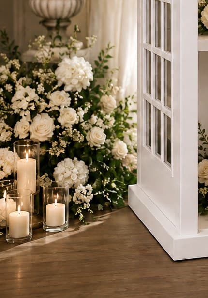 White roses, hydrangea and candlelight styled beside the booth