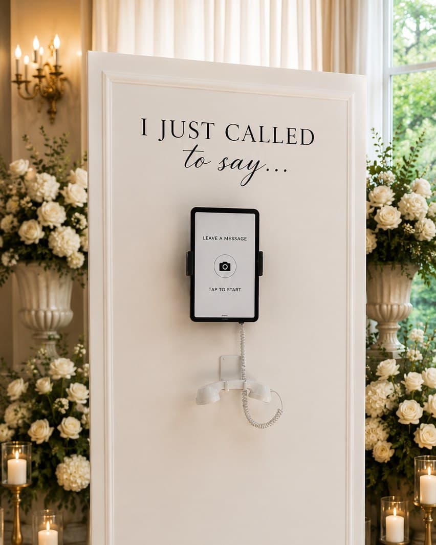 The open-air Memory Wall — a six-foot white backdrop with an iPad video guestbook, vintage handset and white florals, set up indoors at a Lubbock, Texas wedding reception