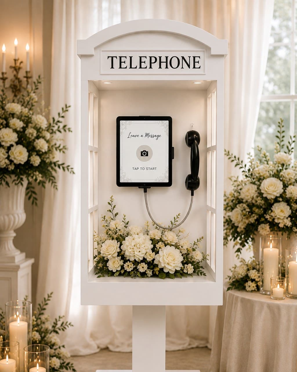 The video guestbook station — a white telephone-style kiosk with an iPad recording screen and vintage handset, styled with white florals and candlelight at a Lubbock, Texas wedding